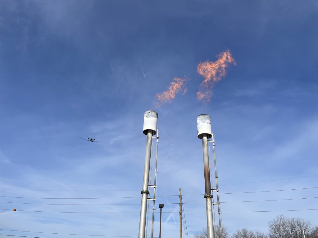 Drone flying at flares