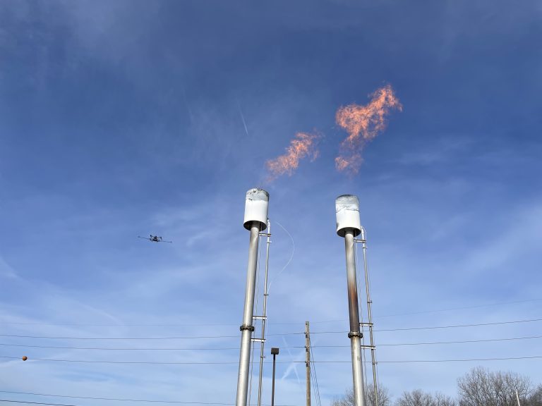 Drone flying at flares