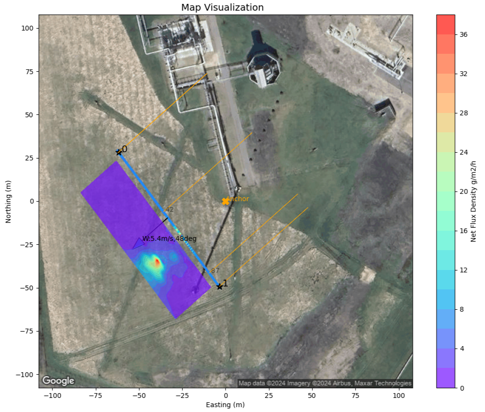 A plot map of the project site overlaid with a flare flux visualisation